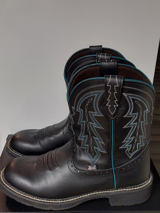 Justin Boots Shoes - Justin Boots Black Leather Work Cowgirl Boots with Teal Stitching